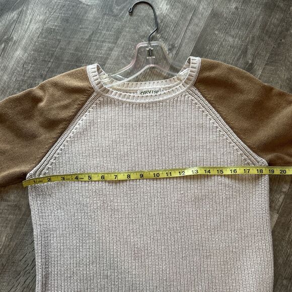 Orvis Sweater Elbow Patches Beige with Brown Arms Women’s Medium Cotton Knit - Picture 10 of 12